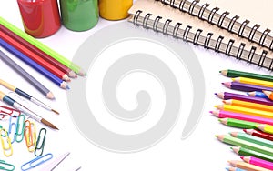 Colorful school stationery tools with white space