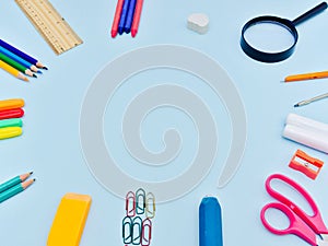 Colorful school suplies in circle arrangement