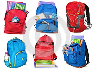 Colorful school supplies in backpack, collage on