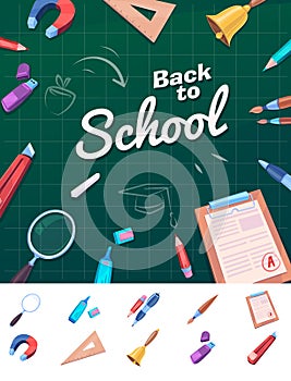 Colorful school supplies, vector illustration