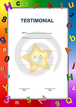 Colorful school testimonial frame with alphabet