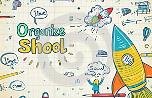 Colorful school-themed illustration with doodles of pencils, rockets, and speech bubbles