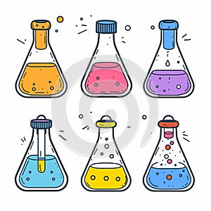 Colorful science beakers filled different solutions, bubbling chemistry experiment. Cartoon style