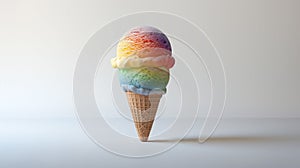 Colorful scoop of rainbow ice cream in a cone with a plain background