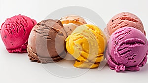 Colorful scoops of ice cream arranged on a white background