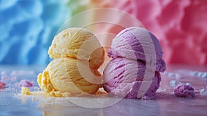 Colorful Scoops of Ice Cream with Rainbow Background and Bright Colors photo