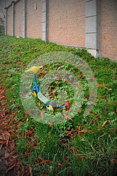 Colorful scooter toy in the grass