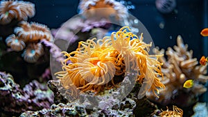 Colorful sea anemone thriving in a diverse and vibrant ecosystem of a coral reef