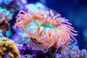Colorful sea anemone thriving in vibrant coral reef ecosystem, showcasing marine beauty