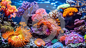Colorful sea anemone thriving in vibrant coral reef ecosystem, showcasing underwater beauty