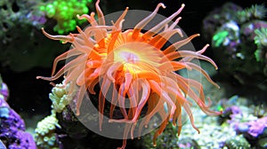 Colorful sea anemone thriving in a vibrant and diverse marine life rich coral reef ecosystem