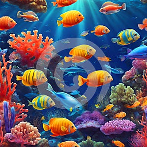Colorful sea life fishes and plant at seabed background