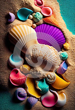 sea shells on sandy beach background made with generative AI