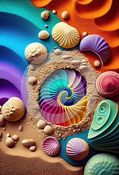Colorful sea shells on sandy beach background made with generative AI