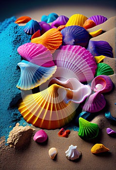 sea shells on sandy beach background made with generative AI