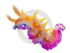 A colorful sea slug with yellow and purple spikes on a white background