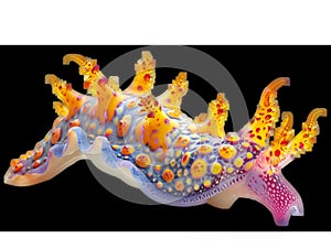 A colorful sea slug with yellow and purple spikes on a white background