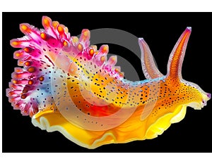 A colorful sea slug with yellow and purple spikes on a white background