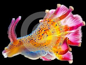 A colorful sea slug with yellow and purple spikes on a white background
