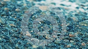 Colorful Sea Stones In Water. Stones Under Water. Nautical Background. Pebbles On The Beach.