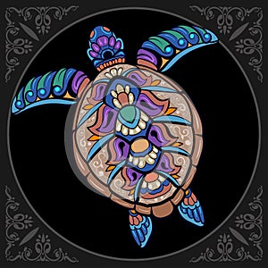 Colorful Sea turtle mandala arts isolated on black background
