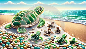 Colorful sea turtles on a sandy beach with ocean waves