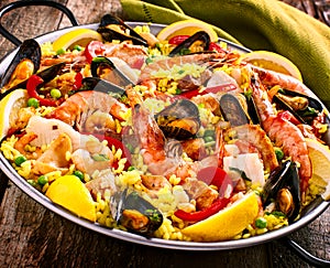 Colorful Seafood Paella Dish with Shellfish