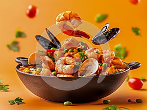 Colorful Seafood Paella with Shrimp, Mussels, and Vegetables in Cast Iron Skillet on Bold Orange Background