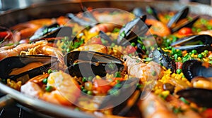 Colorful Seafood Paella in Traditional Pan