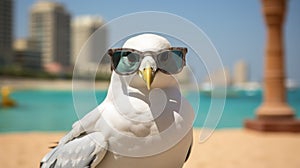 Colorful Seagull With Sunglasses On A Uae Beach photo