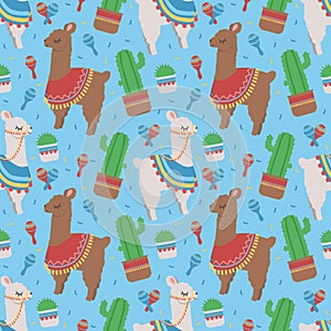 Colorful seamless cartoon pattern for children with cute peruvian lamas or alpacas with ponchos and cactus on blue BG