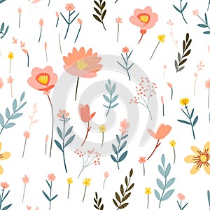 Colorful seamless floral pattern with abstract flowers, leaves and branch on white background. Generative ai