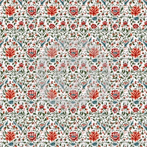 A colorful seamless floral pattern with a yellow, red, pink, orange and blue flowers and leaves on a white background