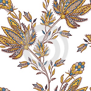 Colorful seamless indian pattern. Paisley ethnic Floral background. Stylized flowers, plants. Design for home decor, fabric,