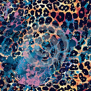 A colorful seamless leopard print background with splatters of paint