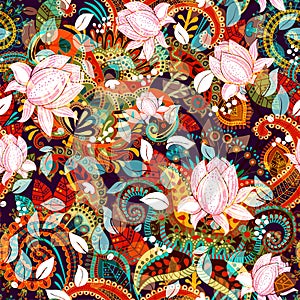 Colorful seamless Paisley pattern. Decorative indian ornament. Floral wallpaper