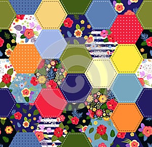 Colorful seamless patchwork pattern with bright flowers. Trendy quilting design. Print for fabric and textile