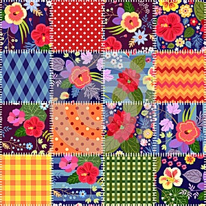 Colorful seamless patchwork pattern with bright tropical flowers and geometric ornaments. Quilt design from stitched squares photo