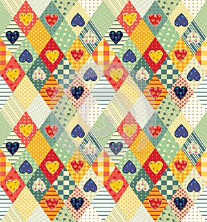 Colorful seamless patchwork pattern with rhombuses and hearts.