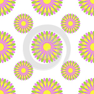 Colorful seamless pattern of abstract flowers on a white background. Simple flat vector illustration. For the design of paper