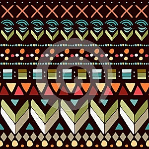 Colorful seamless pattern with abstract geometric ornament on black background. Print for fabric, textile