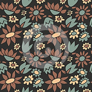 Colorful seamless pattern with abstract retro wildflowers on black background