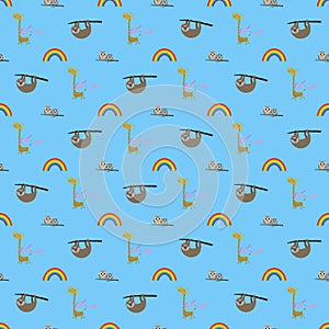 Colorful seamless pattern background for children with sloth, owls, giraffe and rainbow
