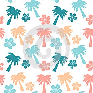 Colorful seamless pattern background illustration with palm trees and hibiscus flowers