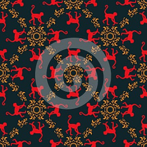 Colorful seamless pattern background with monkeys. Symbol of 2016 year. Red monkey texture with gold floral ornament.