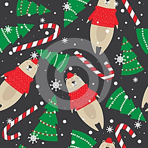 Colorful seamless pattern with bears, candy canes, fir trees, snow. Decorative cute background with animals. Happy New Year