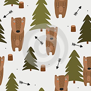 Colorful seamless pattern with bears, fir trees, arrows. Decorative cute background with funny animals, forest