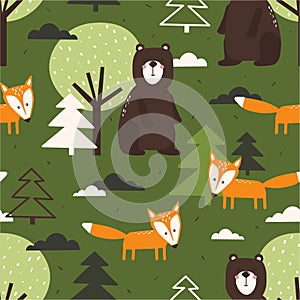 Colorful seamless pattern, bears, foxes, fir trees, trees. Decorative cute background with funny animals, forest