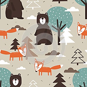 Colorful seamless pattern, bears, foxes and trees. Decorative cute background with happy animals, forest