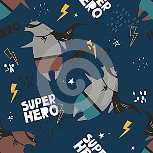 Colorful seamless pattern with bears - super heroes. Decorative cute background with funny animals, text